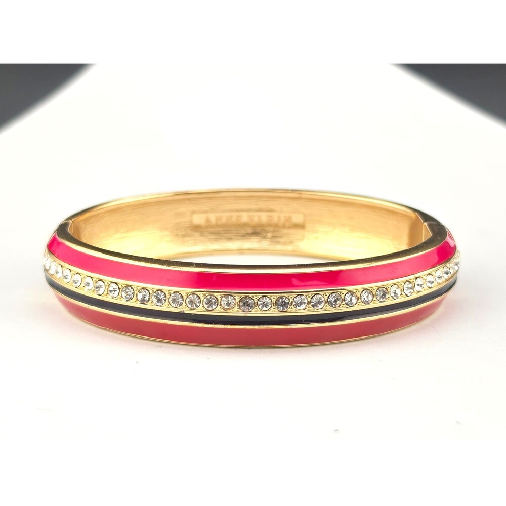 Signed Anne Klein Red Black Enaeml White Rhinestone Hinged Bangle 7" Bracelet